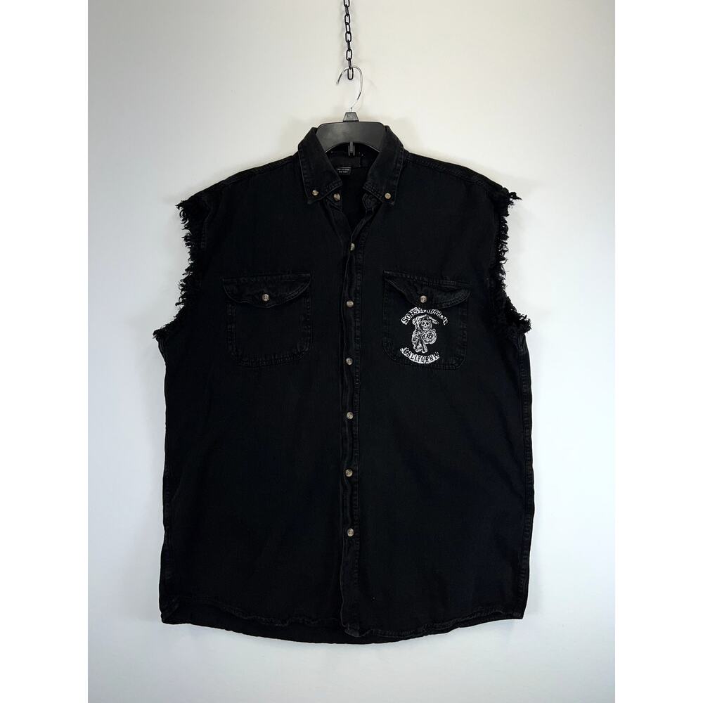 Biker Wear Button-Up Men's Extra Large Black Sleeveless Cotton Blend